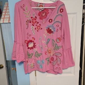 Johnny Was Pink Floral Embroidered Blouse